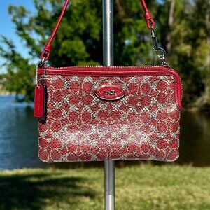 COACH Red Grey Holiday Signature Coated Canvas & Red Leather Trim Wristlet 52436